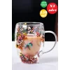 2li Çift Cidarlı Flower Cup 350ml Çiçekli Bardak Kahve Çay Bardağı El Yapımı Kulplu Cam Bardak Set