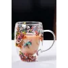 2li Isıya Dayanıklı Borosilikat Çift Çidarlı Flower Cup Çiçekli Bardak Kulplu Kahve Sunum Bardağı 350ml
