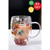 4lü Çift Cidarlı Flower Cup 350ml Çiçekli Bardak Kahve Çay Bardağı El Yapımı Kulplu Cam Bardak Set