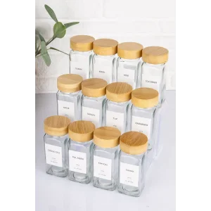 12li Bambu Kapaklı Cam Baharatlık Seti Etiket Hediyeli