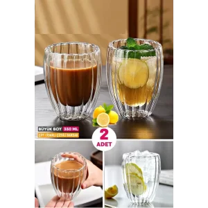 2li Çift Cidarlı Burgulu Kristal Cam Bardağı Çay Süt Kahve Kupası Sıcak & Soğuk Retro Bardak Seti