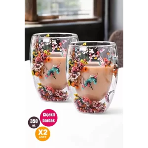2li Çift Cidarlı Flower Cup 350ml Çiçekli Bardak Kahve Çay Bardağı El Yapımı Cam Bardak Seti