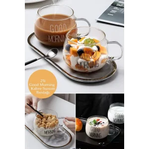 2li Good Morning Kulplu Yuvarlak Kupa Bardak Kahve Sunum Bardağı Isıya Dayanıklı Borosilikat Cam Bardak