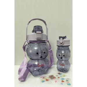 2Lİ Şeffaf Ayıcık Matara Mor 1000+400ml Çocuk Su Şişesi Pipetli Sızdırmaz Kapaklı Suluk Seti