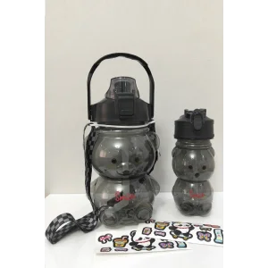 2Adet Şeffaf Ayıcık Su Matarası 1000+400ml Çocuk Su Şişesi Pipetli Sızdırmaz Kapaklı Suluk Seti