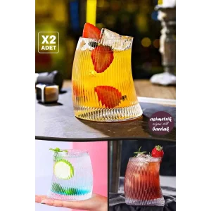 2li Asimetrik Origami Çizgili Bardak Kahve Kokteyl Sunum Meşrubat