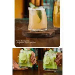 2li Asimetrik Origami Çizgili Bardak Kahve Kokteyl Sunum Meşrubat Bardağı