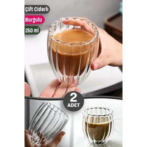 2li Cidarlı Borosilikat Tarz Origami Burgulu Bardak Çay Süt Kahve Kupası