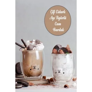 2li Çift Cidarlı Ayıcık Figürlü Bardak Kahve Meşrubat Sunum Servis Cam