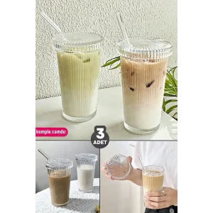 3 Adet Kapaklı Pipetli Cam Bardak Soğuk Sıcak Kahve Meşrubat Çizgili
