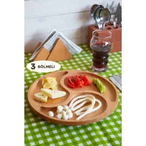 3 Bölmeli Doğal Ahşap Çerezlik Sunumluk Kuruyemiş Dekoratif İkramlık