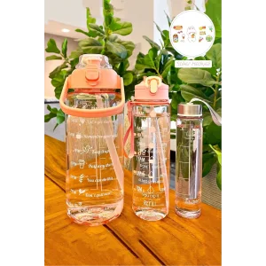 3lü Yeni Şeffaf Motivasyon Kokusuz Stickerlı Spor Suluk Matara Pipetli Taşınabilir Su Şişesi Renkli