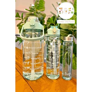 3lü Motivasyonel Su Matarası Soft Green Stickerlı Pipetli Taşınabilir Sızdırmaz Su Şişesi Matarası