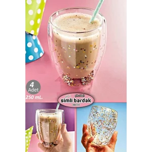 4lü Çift Cidarlı Bardak Yıldız Simli Kahve Sunum Kokteyl Bardağı Isıya