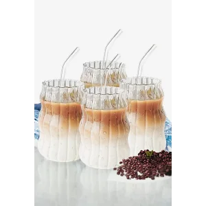 4lü Sukabağı Latte Cam Pipetli Bardak Seti İskandinav Burgu Tarz Kahve Kokteyl Sunum Bardağı 400ml