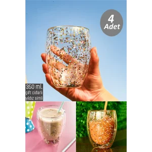 4lü Yıldız Simli Çift Cidarlı Bardak Kahve Sunum Kokteyl Bardağı Isıya Dayanıklı Borosilikat 350ml