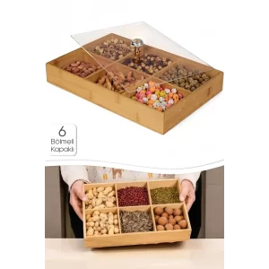 6 Bölmeli Bambu Çerezlik Şeffaf Akrilik Kapaklı Kahvaltı Sunumluk Saklama Kutusu Mutfak Organizer
