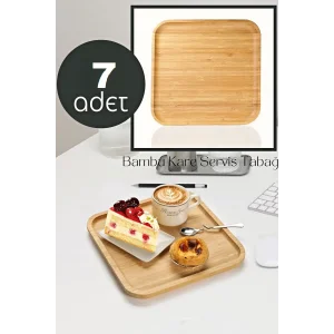 7 Adet Gourmet Kare Bambu Kahvaltı Tabağı Pasta Servis Sunum Tepsi İkramlık Ahşap Tabak
