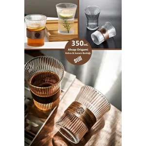 Ahşap Detaylı Origami Cam Bardak Çay Süt Kahve Kupası Sıcak & Soğuk İçecek