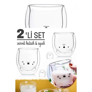 Çift Camlı Cidarlı Sevimli Ayıcık Süt Çay Kahve Su Kupa Bardağı 250ml Ev Ofis Isı