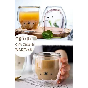 Çift Camlı Cidarlı Sevimli Kedicik Süt Çay Kahve Su Kupa Bardağı 250ml Ev Ofis