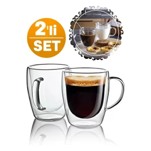 Çift Cidarlı 2 Adet Bardak Cam Kupa 310 Ml Ev Ofis Espresso Kahve Fincanı