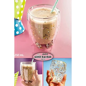 Çift Cidarlı Cam Bardak Yıldız Simli Kahve Sunum Kokteyl Bardağı Isıya