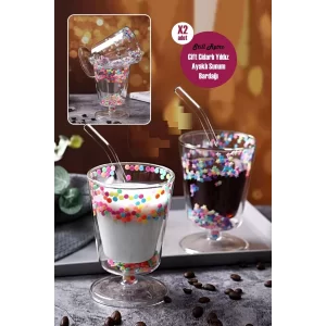 Çift Cidarlı Yıldızlı Ayaklı Retro Stil Bardak Magnolya Sunum Kasesi ve Kahve Bardağı 350 ml Seti
