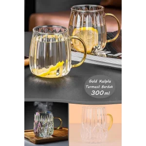 Gold Kulplu Termesil Cam Bardak Borosilikat Çay Kahve Kupası Sıcak Soğuk