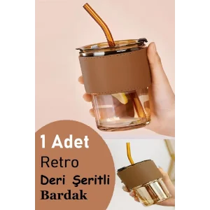 Retro Deri Şerit Pipetli Cam Bardak Isıya Dayanıklı Sızdırmaz Vakum Kapaklı