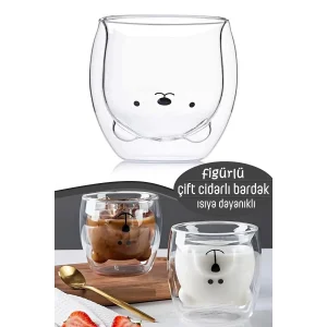 Sevimli Ayıcık Çift Camlı Cidarlı Süt Çay Kahve Su Kupa Bardağı 250ml Ev Ofis