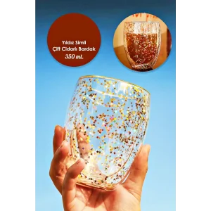Yıldız Simli Çift Cidarlı Cam Bardak Kahve Sunum Kokteyl Bardağı Isıya Dayanıklı