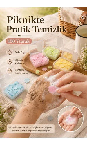 100 Yaprak Parfümlü Mini Kağıt Sabun Suda Eriyen Piknik Kamp Seyahat Sabunu