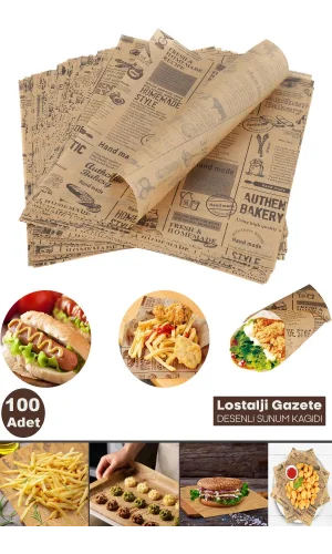 100lü Breakfast Desenli Yağlı Kağıt Vintage Gazete Desen Aparatif Kağıdı Mutfak Servis Sunum Kağıdı