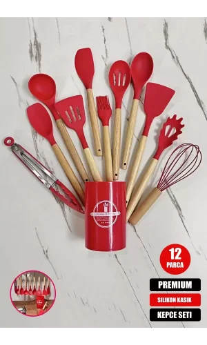 12 Parça Standlı Bambu Saplı Isıya Dayanıklı Silikon Yanmaz Yapışmaz Servis Maşa Seti Kırmızı