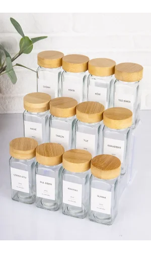 12li Bambu Kapaklı Cam Baharatlık Seti Etiket Hediyeli