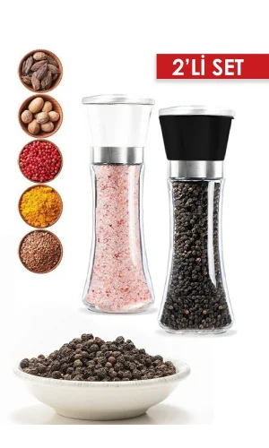 2 Adet Karabiber Tuzluk Değirmeni Seramik Bıçaklı Baharat Öğütücü Büyük Boy Set
