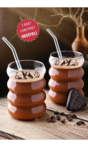 2'li Pipetli Şeritli Cam Bardak Dalgalı Kahve Sunum Meşrubat Bardağı Dekoratif 300 ml Bardak Seti