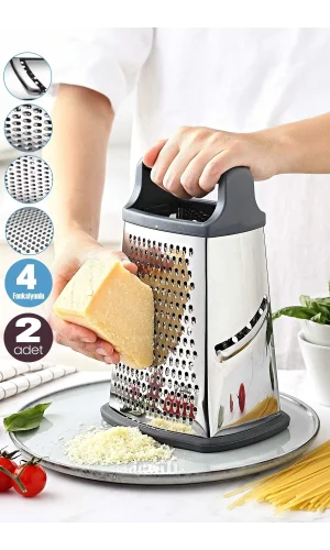 2'li Büyük Boy Çelik Rende Silikon Tabanlı 4 Fonksiyonlu Sarımsak Peynir