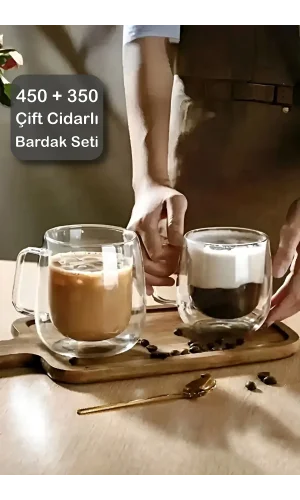 2'li Çift Cidarlı Bardak Seti 350+450 ml Isıya Dayanıklı Espresso Sunum Bardağı Kulplu Kahve Kupası