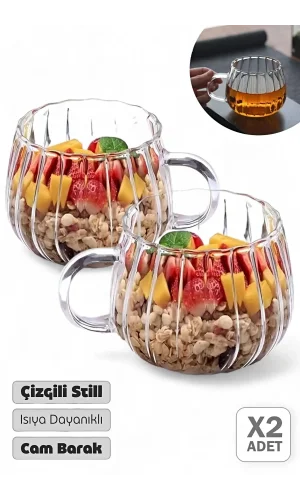 2'li Çizgili Still Cam Bardak 250 ml Isıya Dayanıklı Kahve Sunum Bardağı Kupa Kulplu Çay Fincanı
