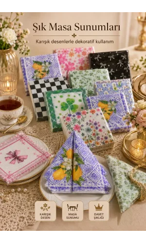 2 Paket Desenli Dekoratif Kağıt Peçete Karışık Çiçekli Vintage Masa Servis Sunum Davet Peçetesi