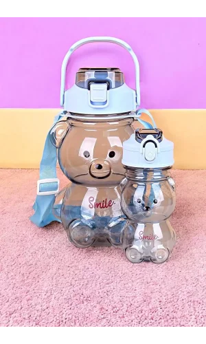 2li Şeffaf Smile Ayıcık Su Matarası 1000+400ml Çocuk Su Şişesi Pipetli Sızdırmaz Kapaklı Suluk Seti