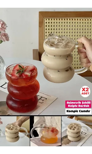 2li Üç Büklüm Dev Şeritli Kulplu Cam Bardak Pipetli Meşrubat Kahve Sunum Kokteyl Bardağı 400ml Seti