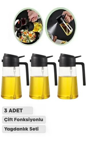 3 Adet Çift Fonksiyonlu Yağdanlık 550ml Zeytinyağı Sıvıyağ Cam Şişe Sprey Airfryer Yağlık Sirkelik