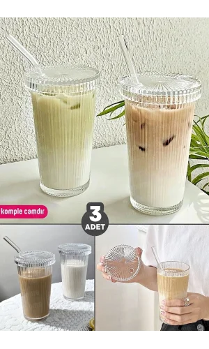 3 Adet Kapaklı Pipetli Cam Bardak Soğuk Sıcak Kahve Meşrubat Çizgili