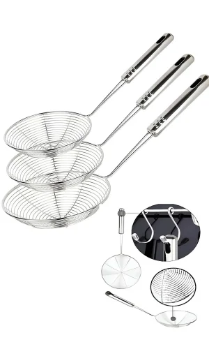 3'lü Çelik Kevgir Süzgeç Seti Patates Sebze Yağ Kızartma Kevgiri Tel Kepçe