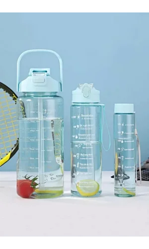 3'lü Motivasyonel Sporcu Su Şişesi Tritan Suluk Su Matarası Stickerlı Pipetli Suluk 2000+900+500ml