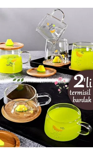 3D Kavunlu Figürlü Baskılı Sıcak Soğuk Borosilikat Cam Meşrubat Kupası Su Çay Bardağı Bambu Kapaklı