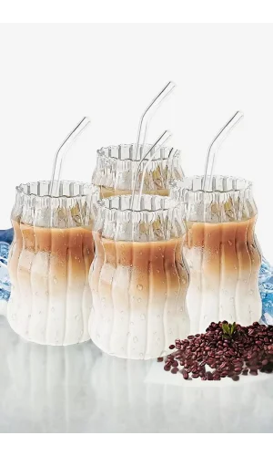 4'lü Sukabağı Latte Cam Pipetli Bardak Seti İskandinav Burgu Tarz Kahve Kokteyl Sunum Bardağı 400ml